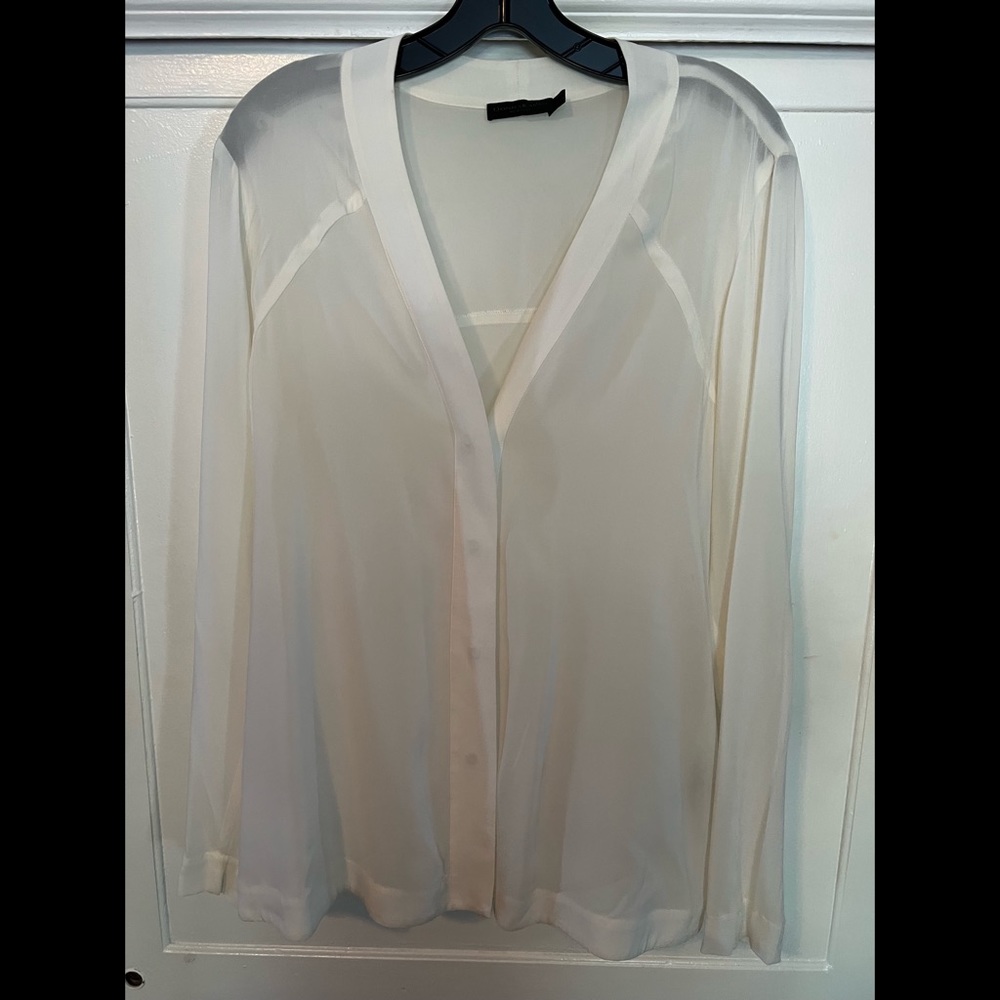 DONNA KARAN Crème V-Neck Button-Up Shirt Size M/US 8